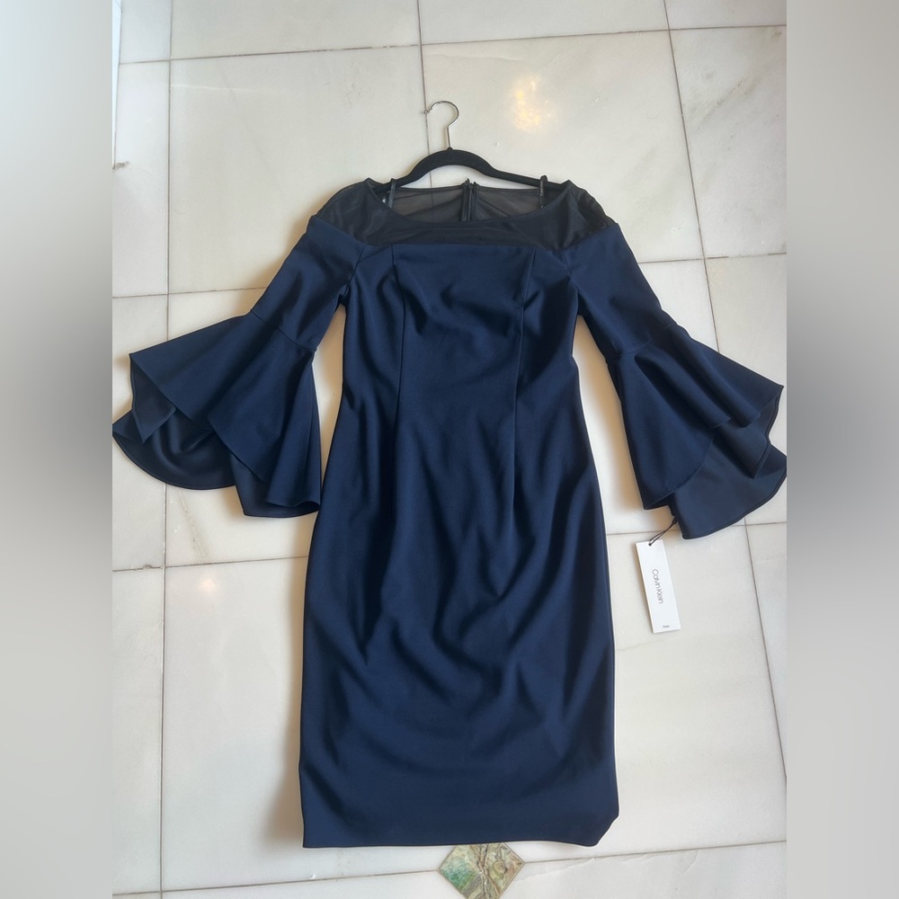 Calvin Klein Blue Off-Shoulder Bell Sleeve Sheath Dress